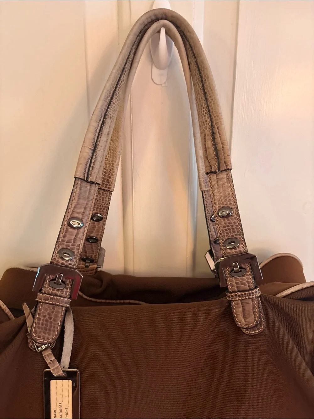 Vintage Adrienne Vittadini Brown Nylon Satchel Faux Croc Leather Duffel/Tote Bag